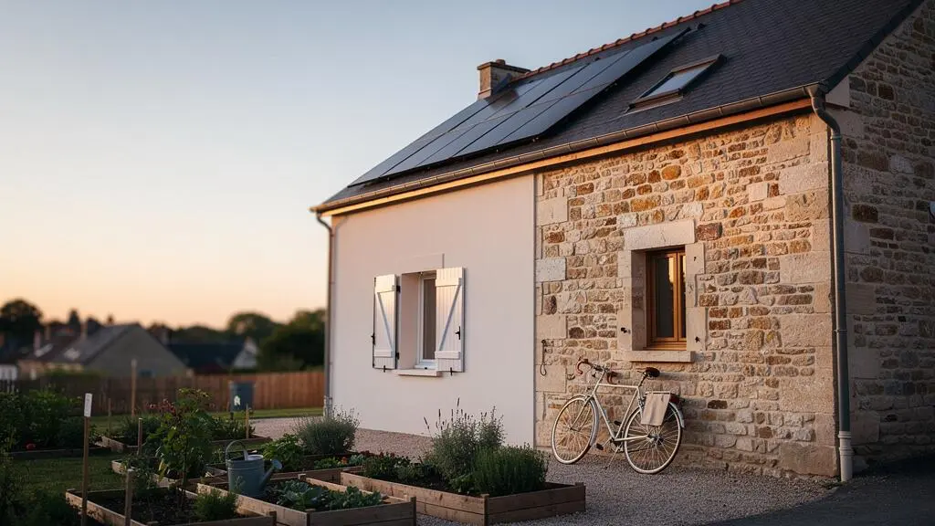 Maison française rénovée illustrant l'obtention du label BBC Effinergie, avec façade isolée et panneaux solaires au soleil couchant