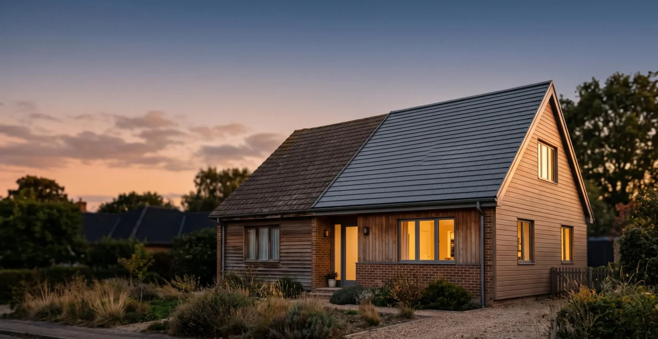 Maison familiale rénovée avec isolation et panneaux solaires, symbole de la réduction de l'empreinte carbone du logement