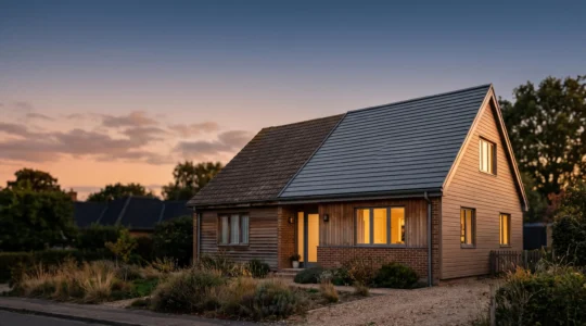 Maison familiale rénovée avec isolation et panneaux solaires, symbole de la réduction de l'empreinte carbone du logement