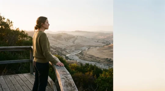 Une personne seule face a un paysage naturel menace par le changement climatique, symbolisant la reflexion sur sa part de responsabilite