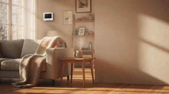 Salon chaleureux en hiver avec thermostat connecté et lumière naturelle douce filtrant par la fenêtre