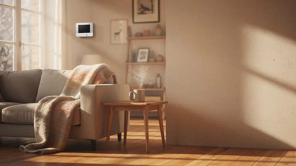 Salon chaleureux en hiver avec thermostat connecté et lumière naturelle douce filtrant par la fenêtre
