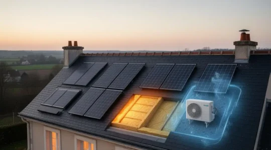 Toiture d'une maison française illustrant les trois investissements verts : panneaux solaires, isolation et pompe à chaleur