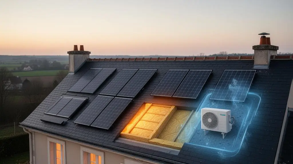 Toiture d'une maison française illustrant les trois investissements verts : panneaux solaires, isolation et pompe à chaleur