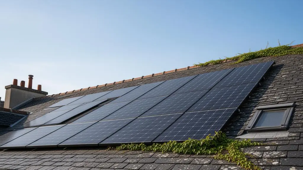 Toiture résidentielle française transformée en centrale énergétique avec panneaux solaires et végétalisation partielle sous une lumière naturelle