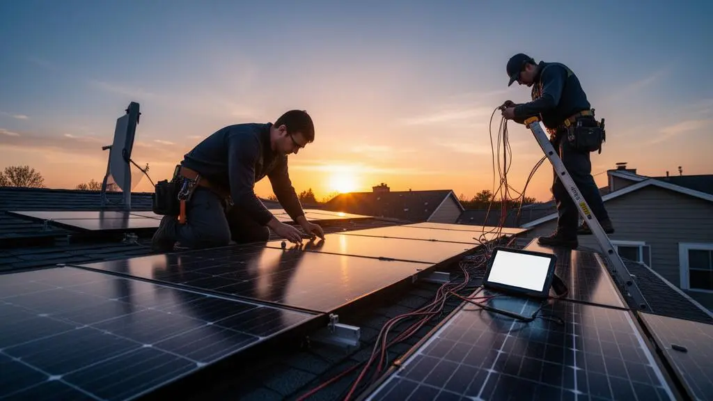 Technicien solaire et inspecteur vérifiant méticuleusement une installation de panneaux photovoltaïques sur un toit résidentiel au lever du soleil