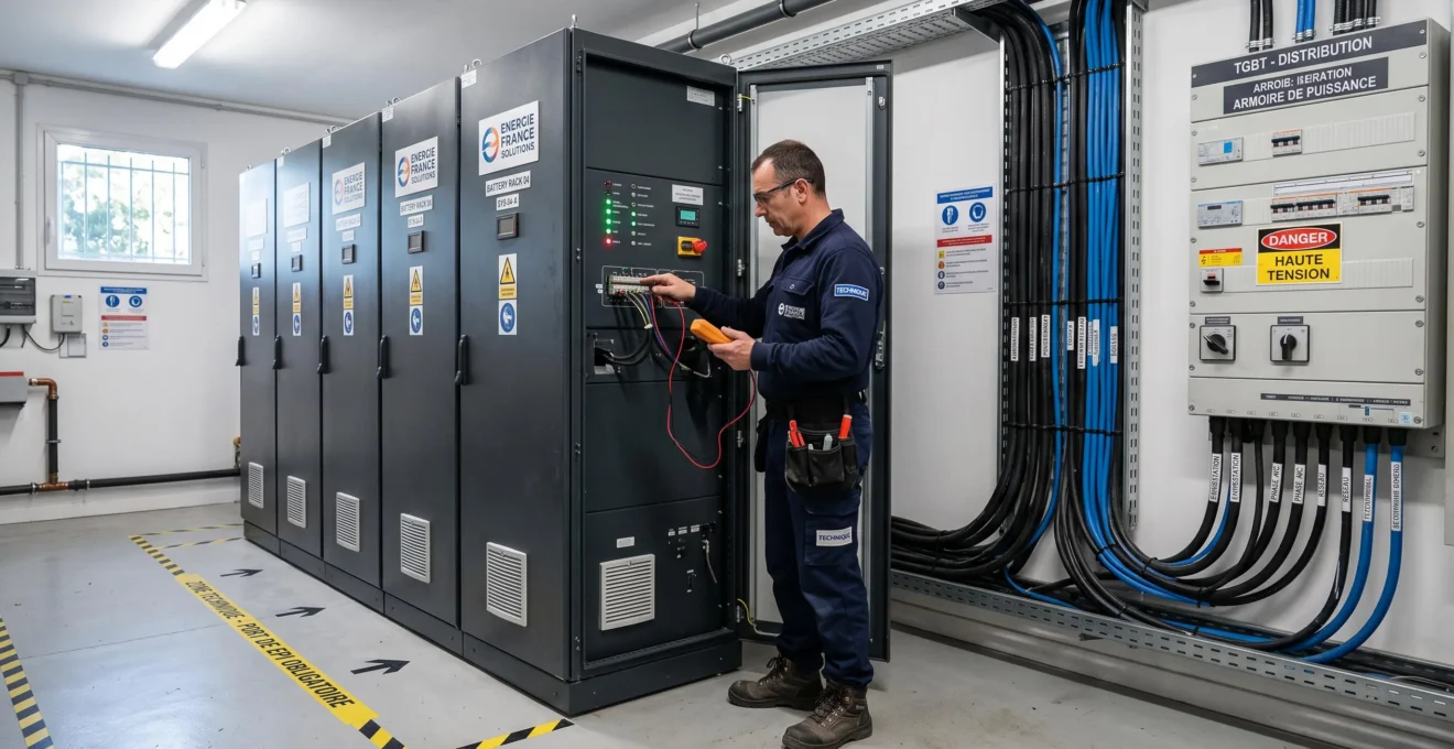 Un ouvrant de maintenance vérifie des armoires de batteries de stockage dans une salle technique d'entreprise.