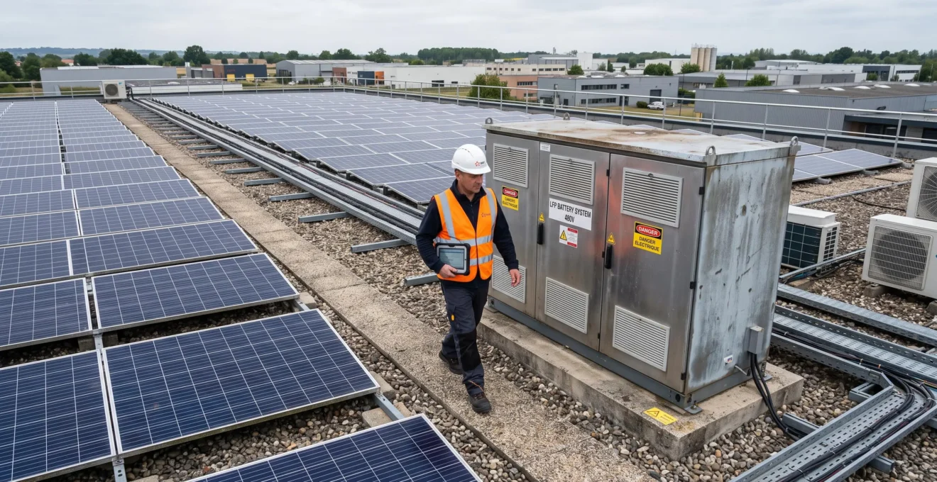 Un technicien inspecte une batterie de stockage installée à côté de panneaux solaires sur un toit d'entreprise.