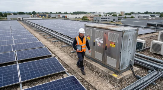 Un technicien inspecte une batterie de stockage installée à côté de panneaux solaires sur un toit d'entreprise.