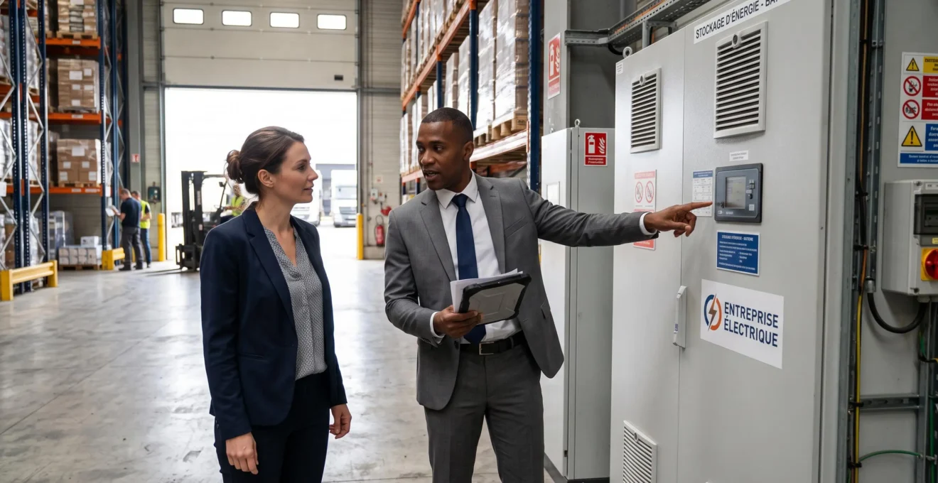 Deux professionnels discutent à côté d'une batterie de stockage lors d'une visite technique dans un entrepôt.